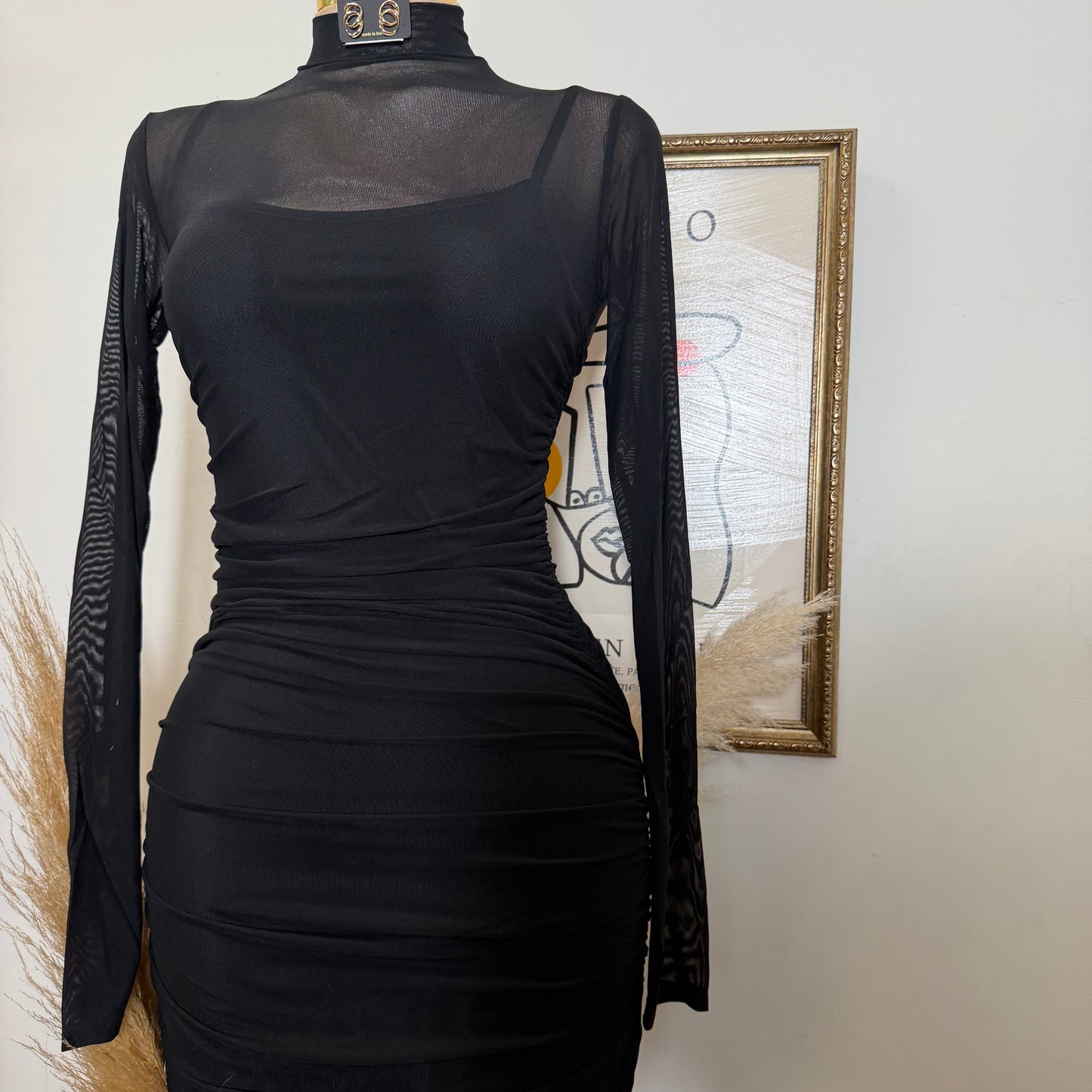 Solid Mesh Mock Neck Midi Long Sleeve Dress-Black