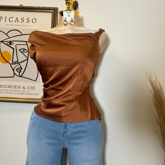 Asymmetrical Satin Top-Bronze