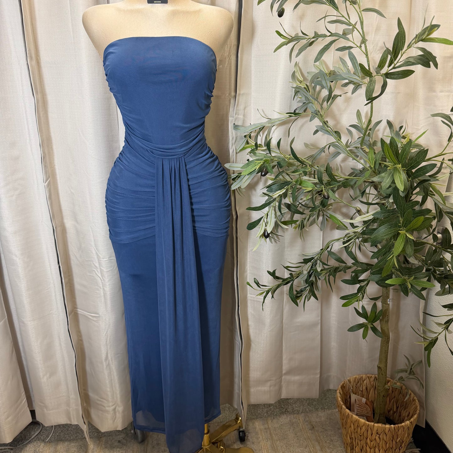 Solid Mesh Tube Maxi Dress-Denim Blue