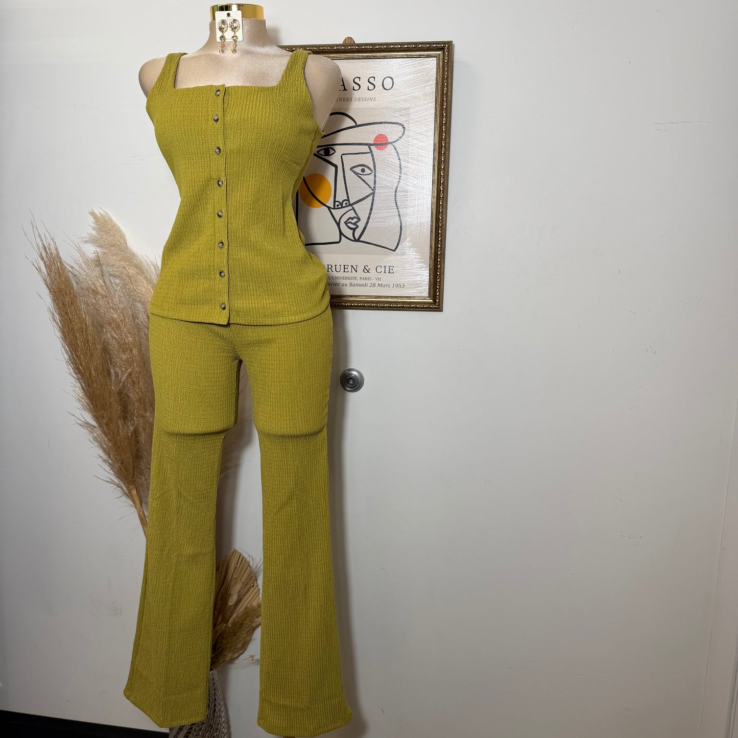 Square neck Vest & Flare Pant set-Green Olive