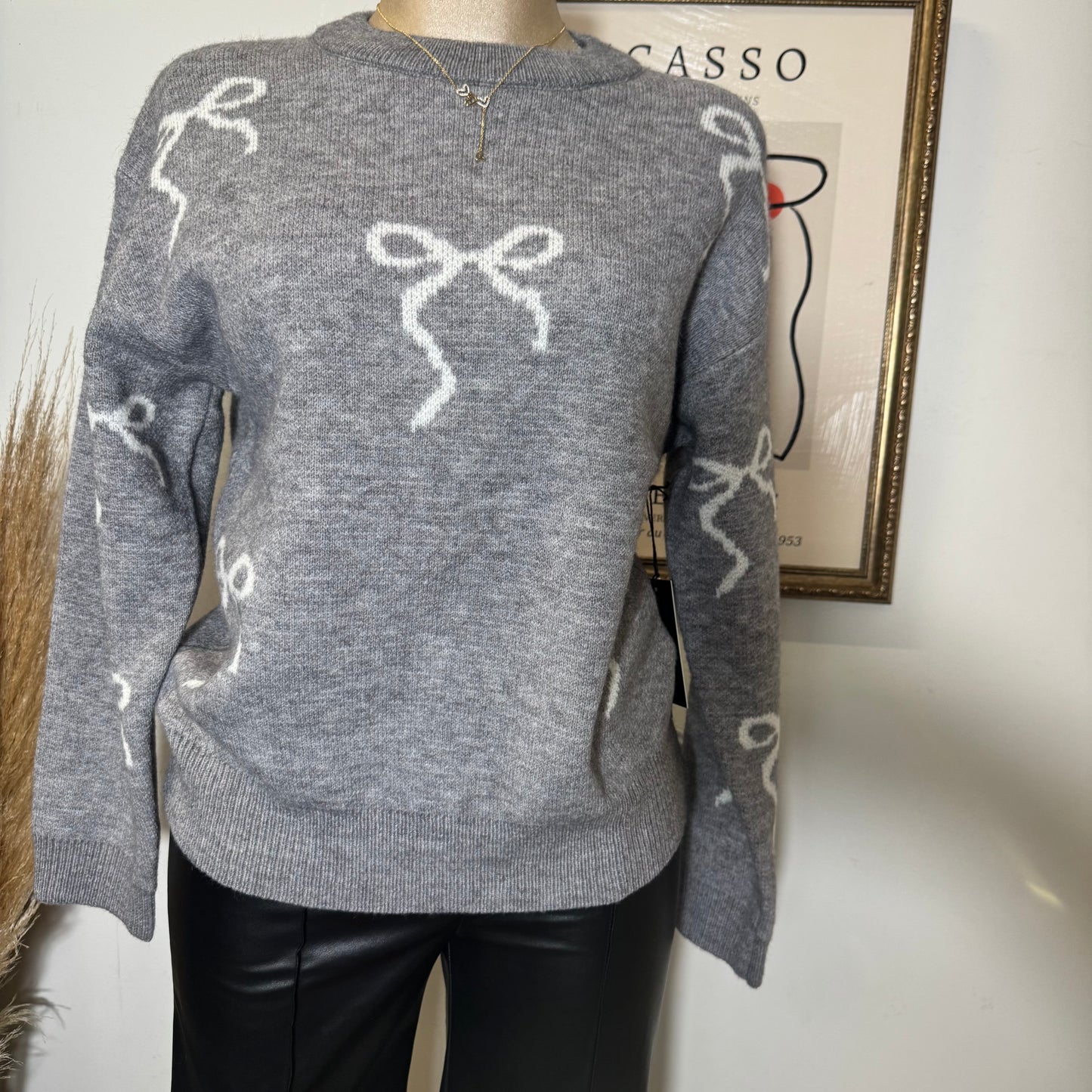 Bow Round Neck Sweater Top-Heather Grey