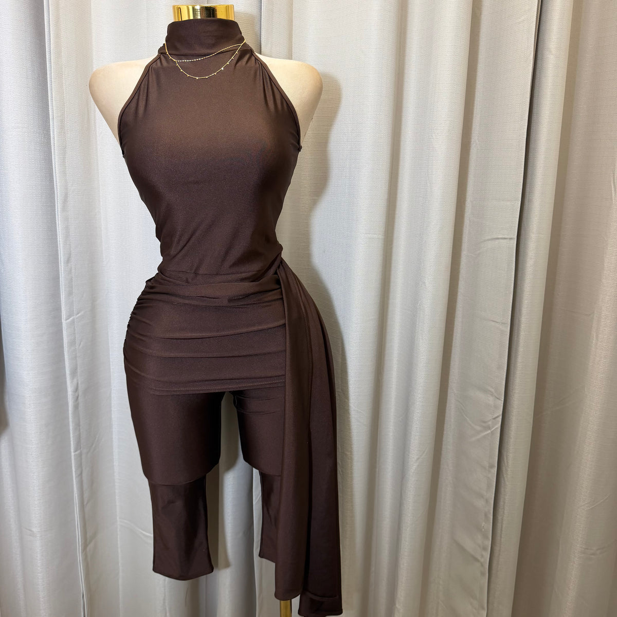 Mock Neck Capri Jumpsuit-Brown