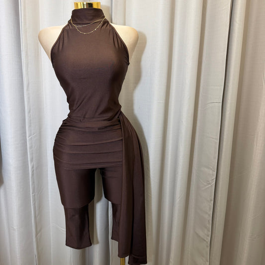 Mock Neck Capri Jumpsuit-Brown