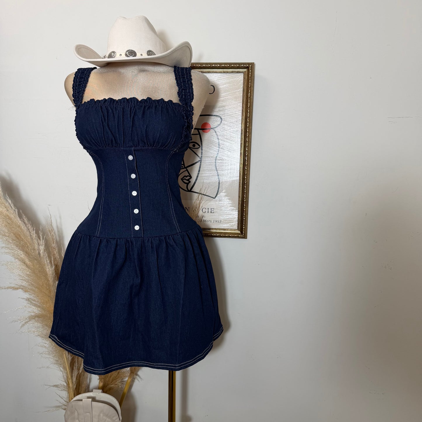 Ruched Bodice Denim Mini Dress-Dk Denim