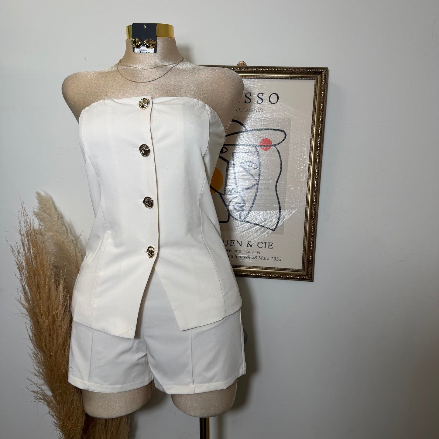 Strapless Gold Button Top Short Set-Ivory