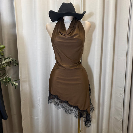 Halter Asymmetrical Lace detail Dress-Brown/Black