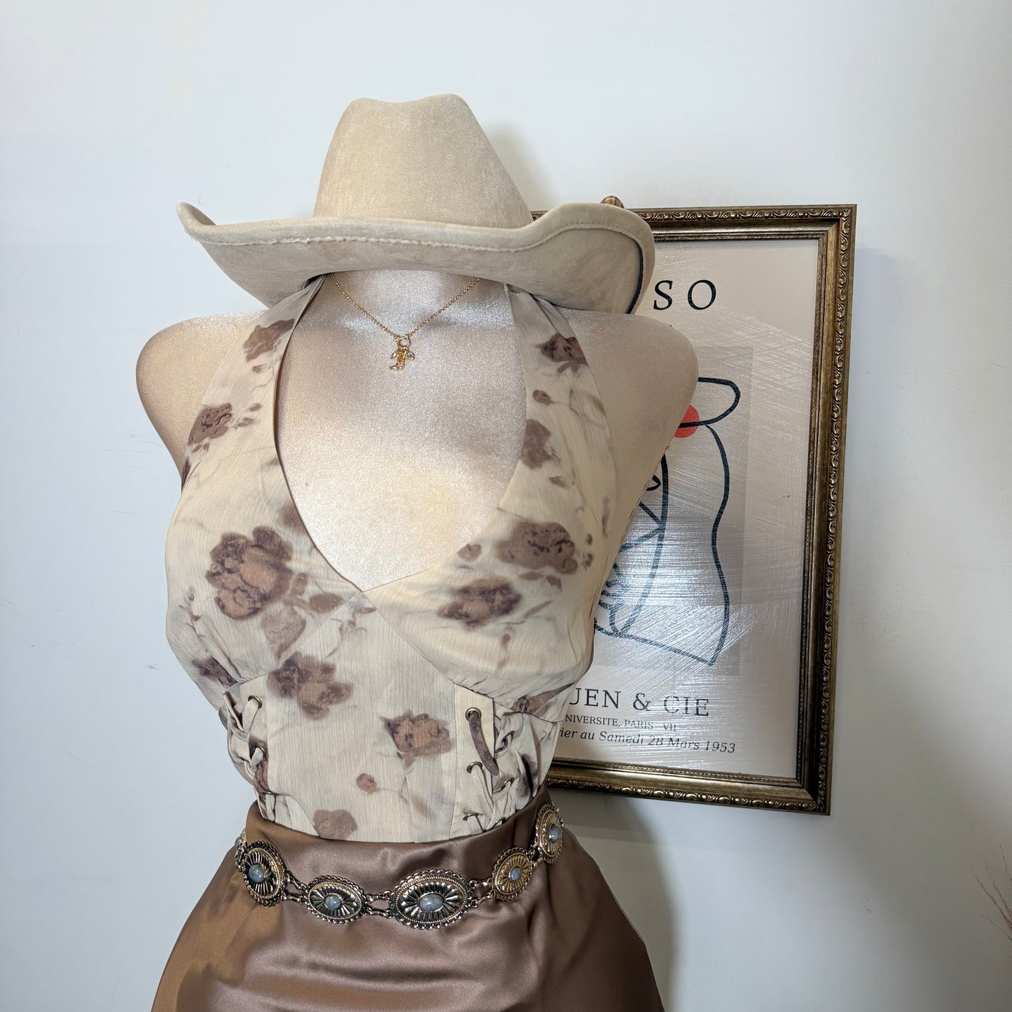 Halter Lace Up Corset Top-Taupe