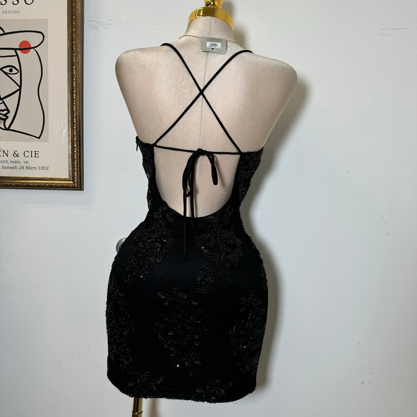 Floral Lace with Bead Cowl Neck Dress-Black