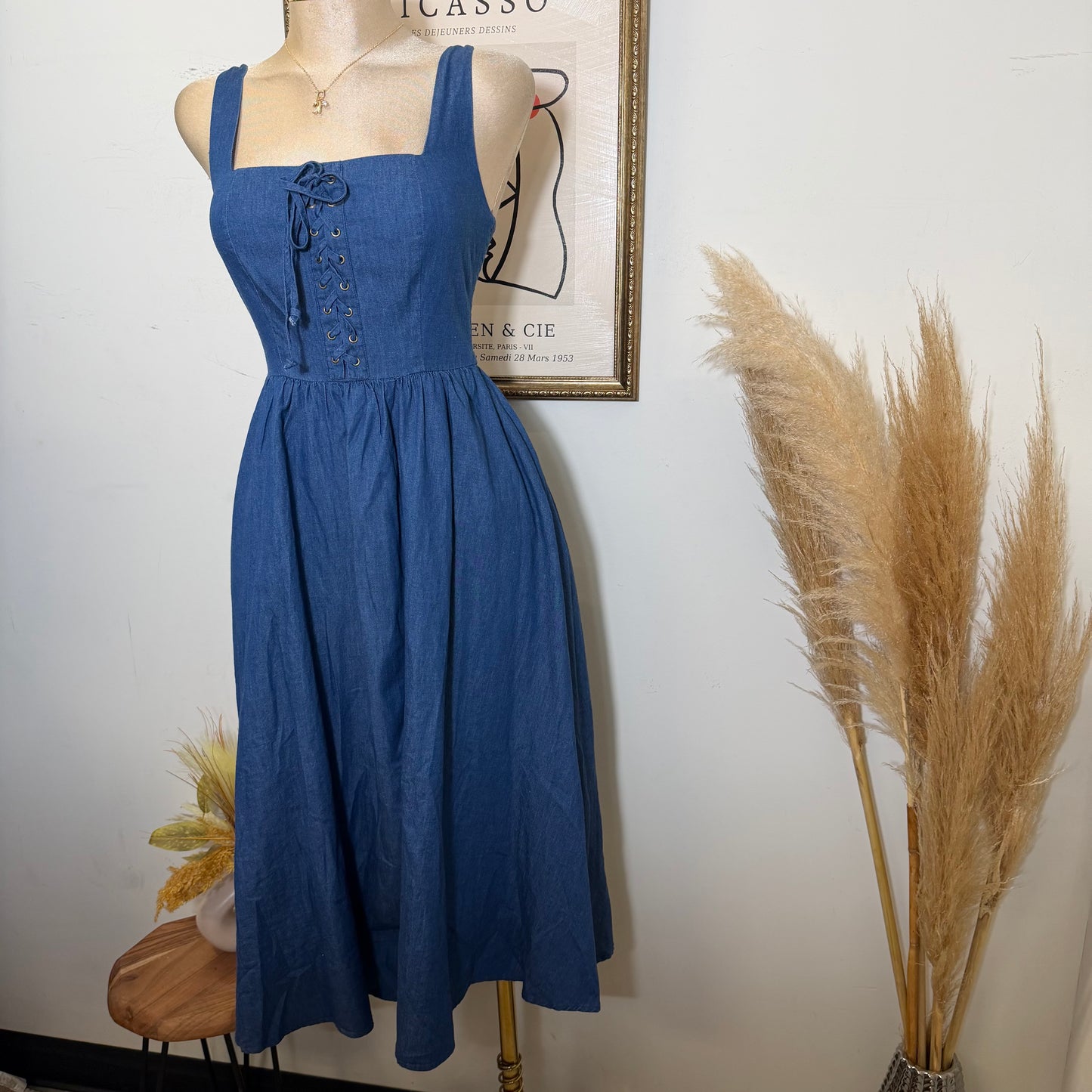 PL-Lace up Midi Dress-Blue