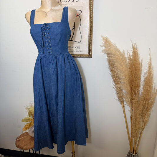 PL-Lace up Midi Dress-Blue