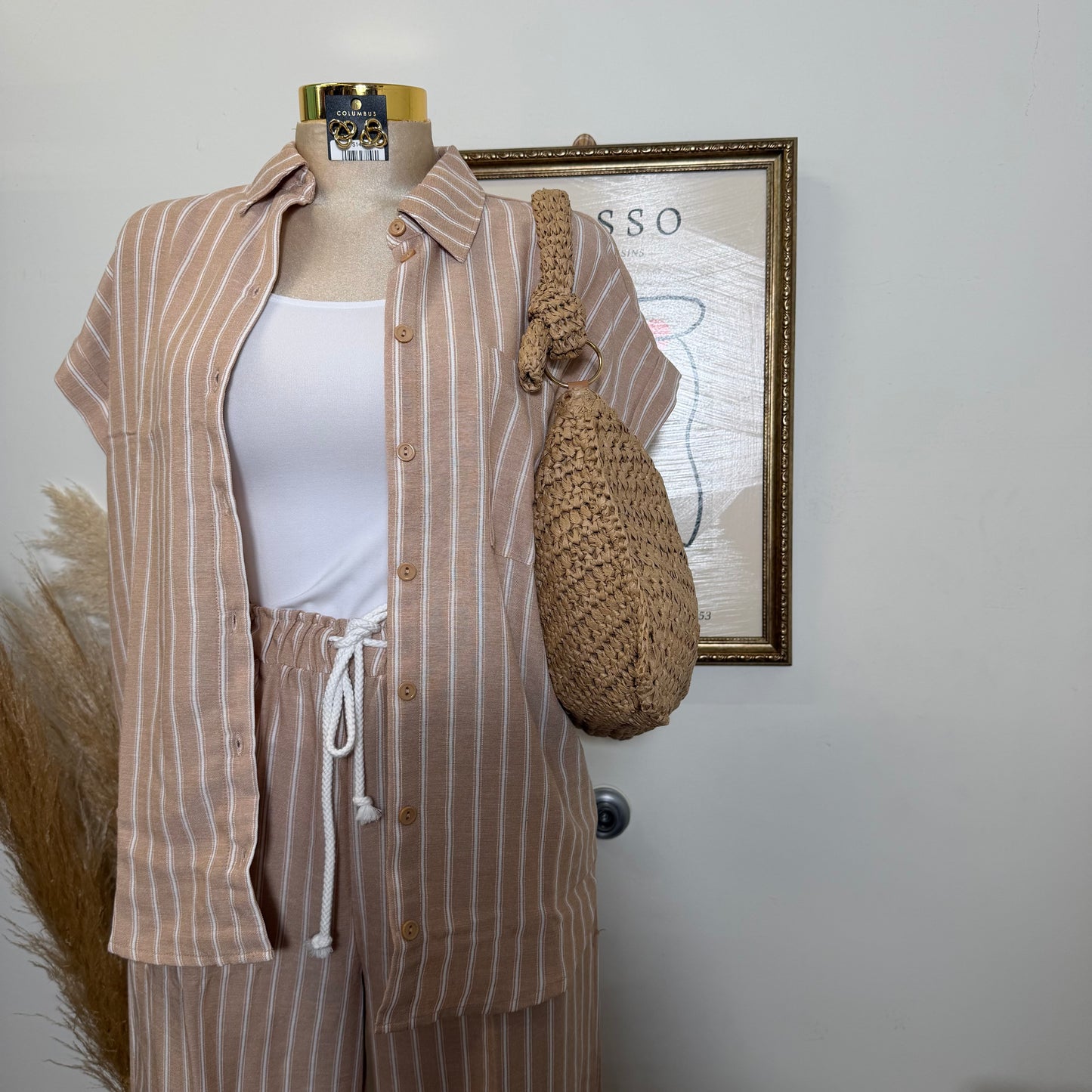 Linen Stripe Button Down Shirts Top and Pant set- Taupe