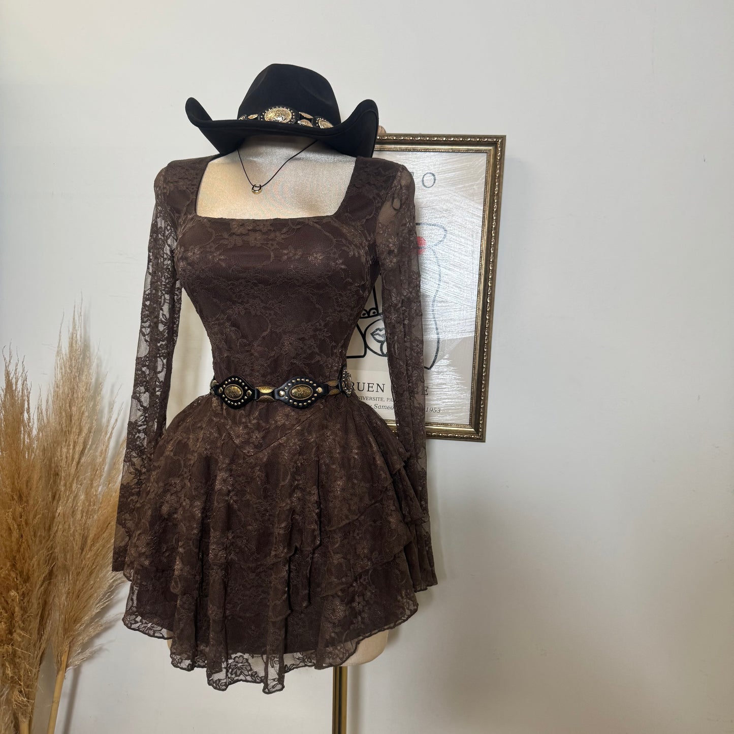 Lace Long Sleeve Ruffle Layered Mini Dress-Brown