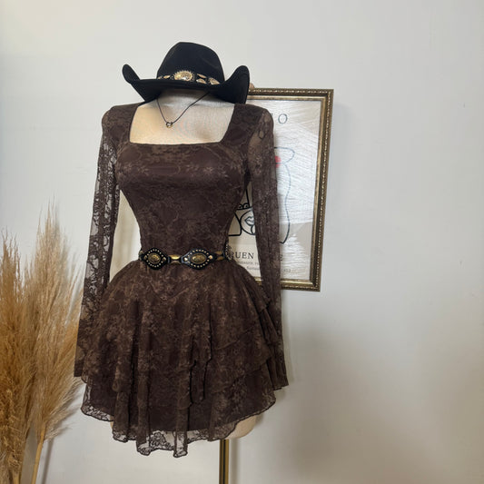 Lace Long Sleeve Ruffle Layered Mini Dress-Brown