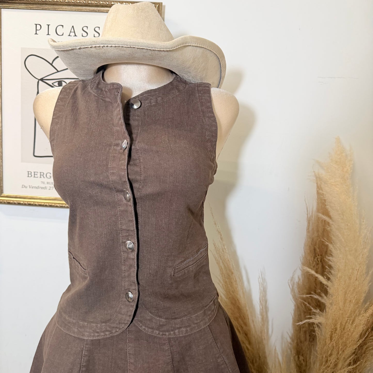 Denim Button Up Vest-Brown
