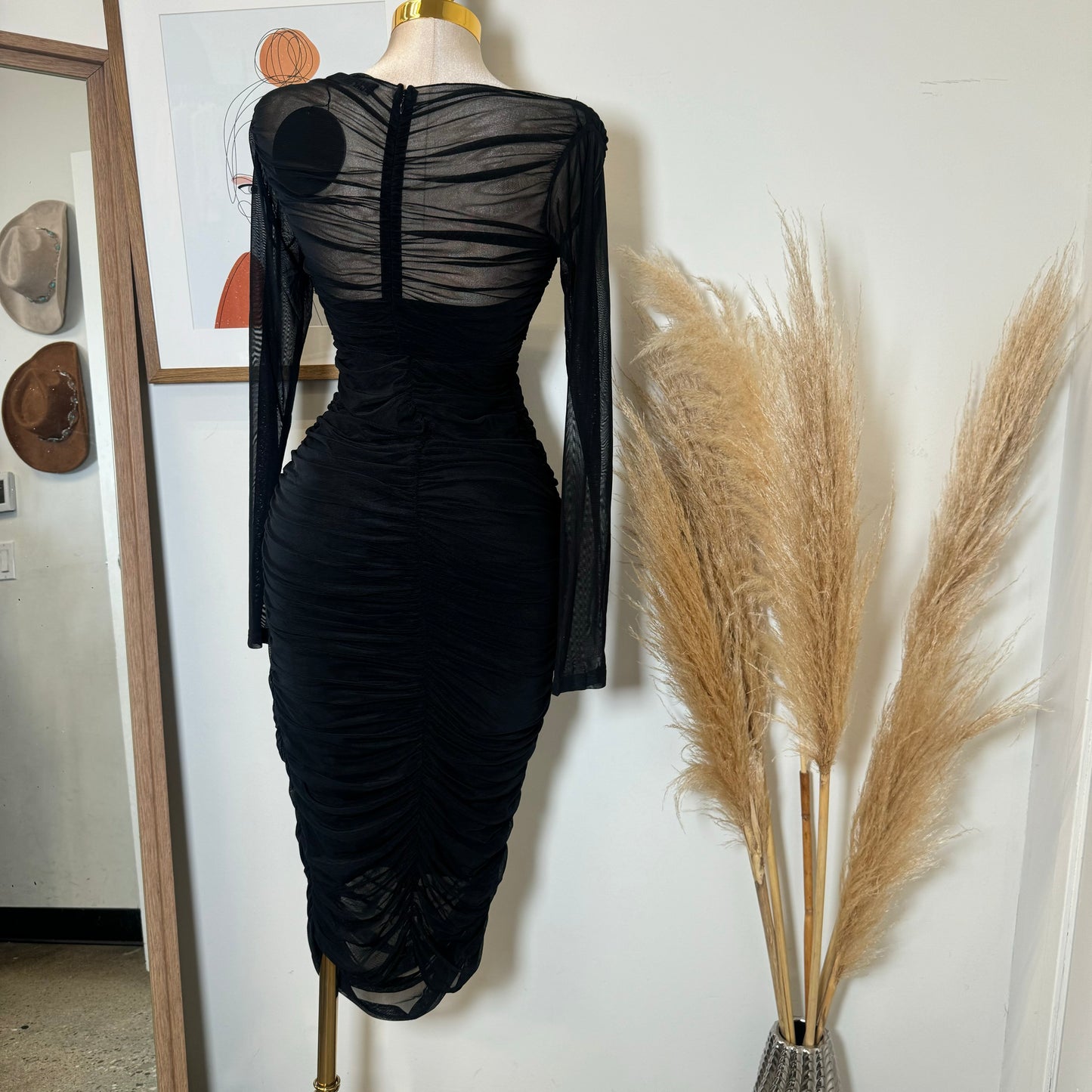 Long Sleeve Mesh Surplus Front Ruched Midi Dress-Black