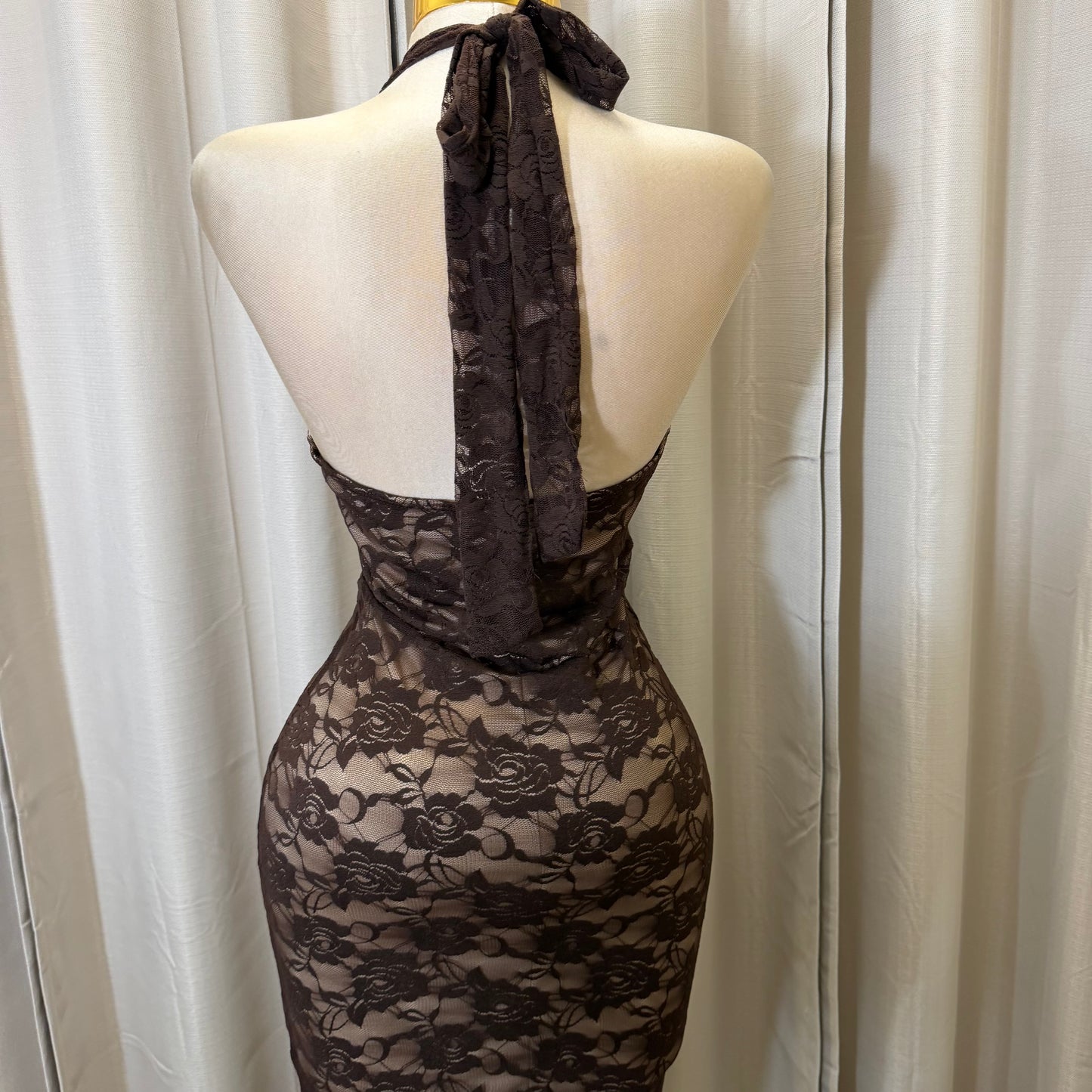Halter back Tie Open back lace midi Dress-Brown