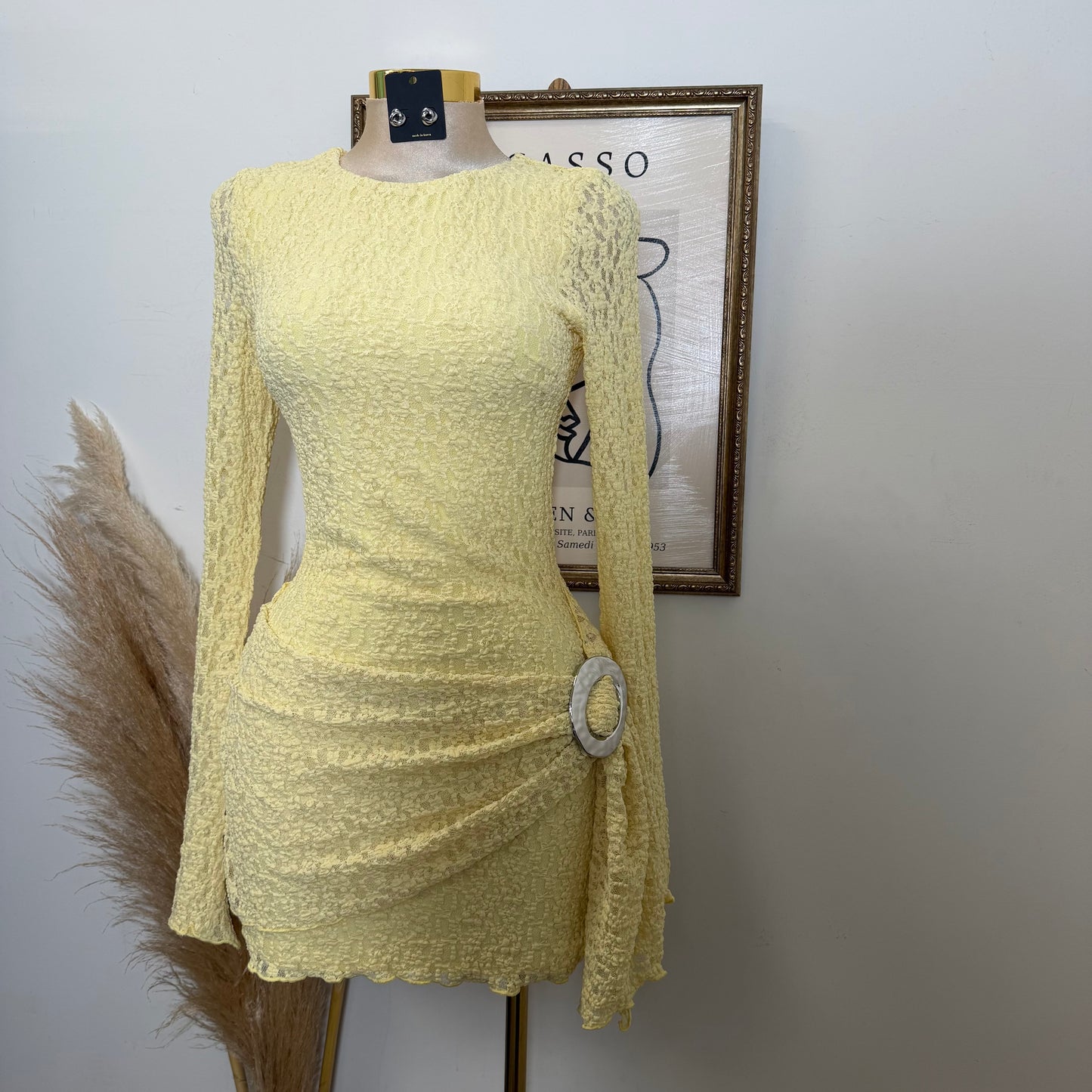 Long Sleeve Gold Detail Dress-Butter Yellow