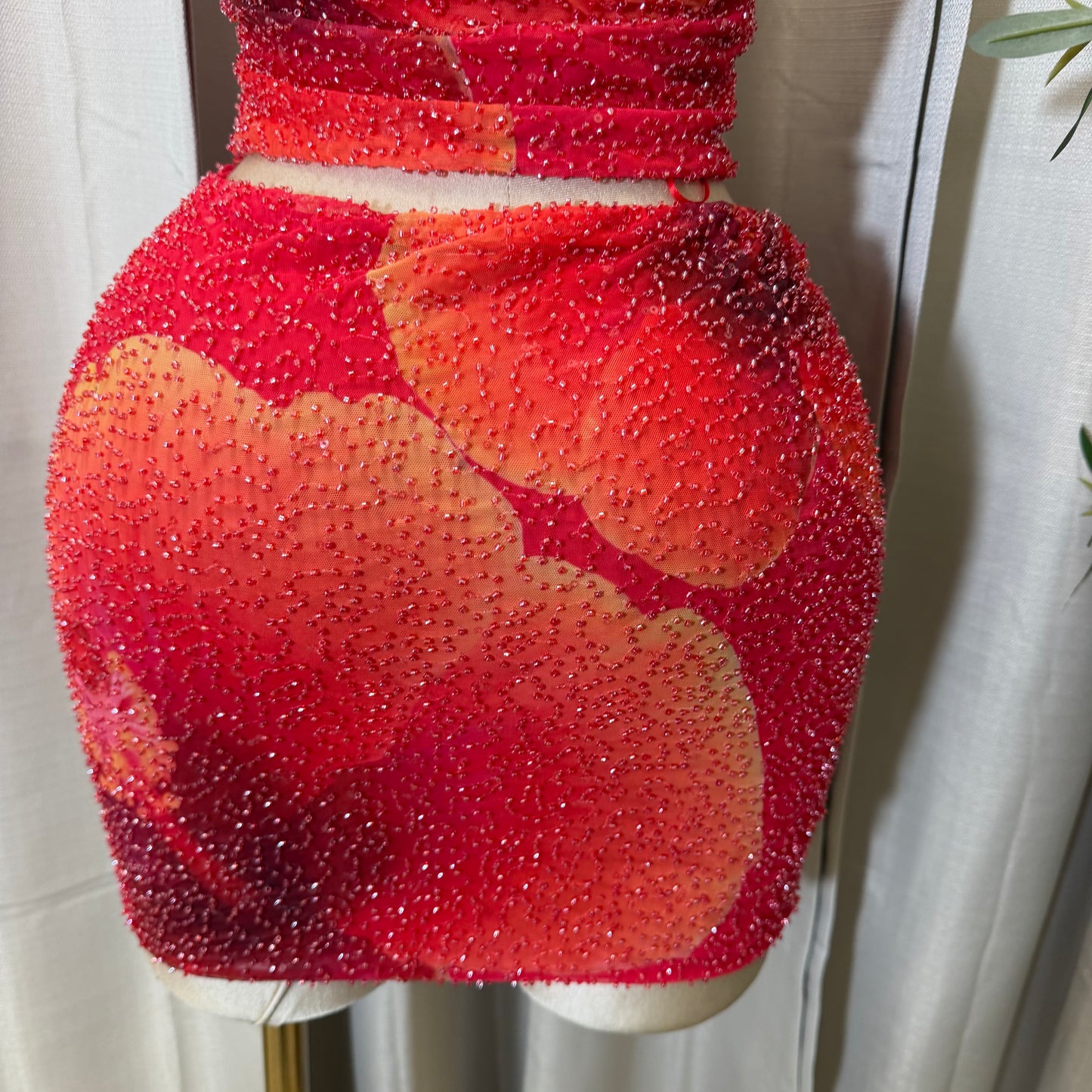 Mesh Two Piece V-neck Halter top Skirt Set-Pink/Orange