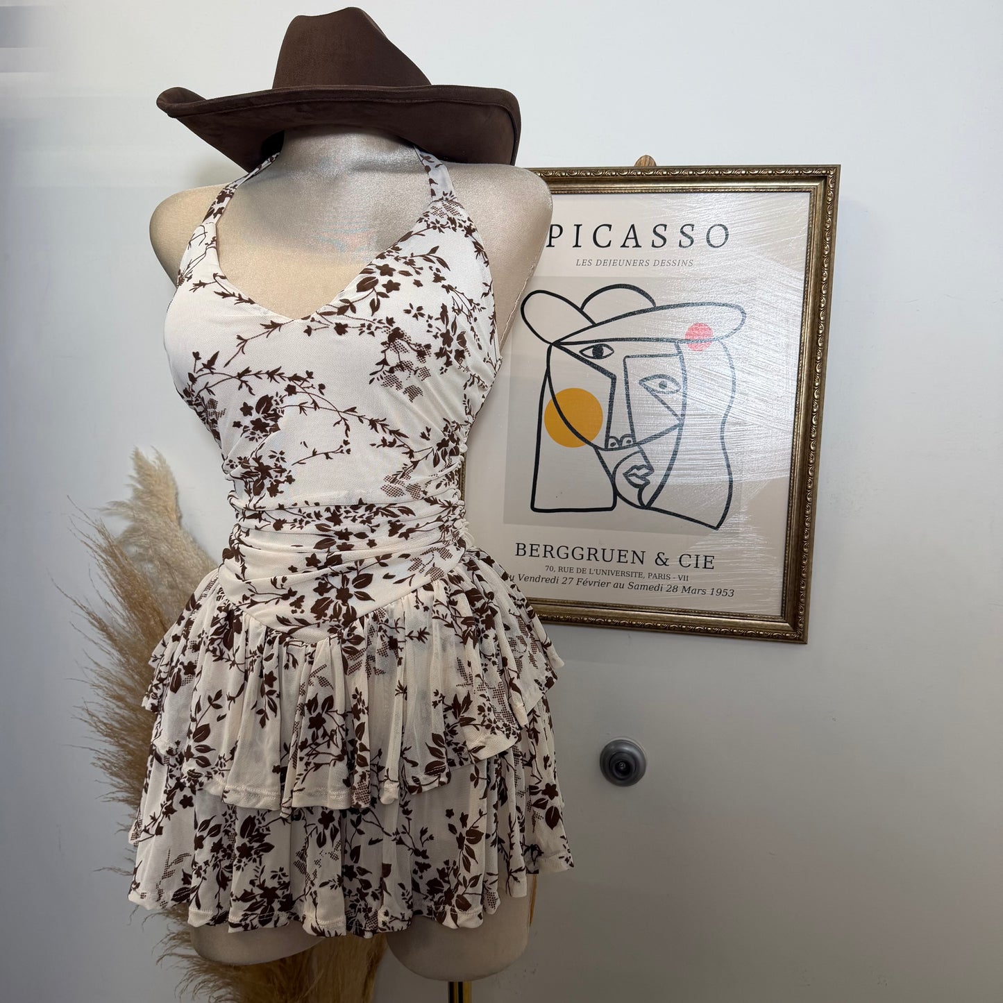 Floral Halter Double Layer Ruffle Mini Dress-Cream