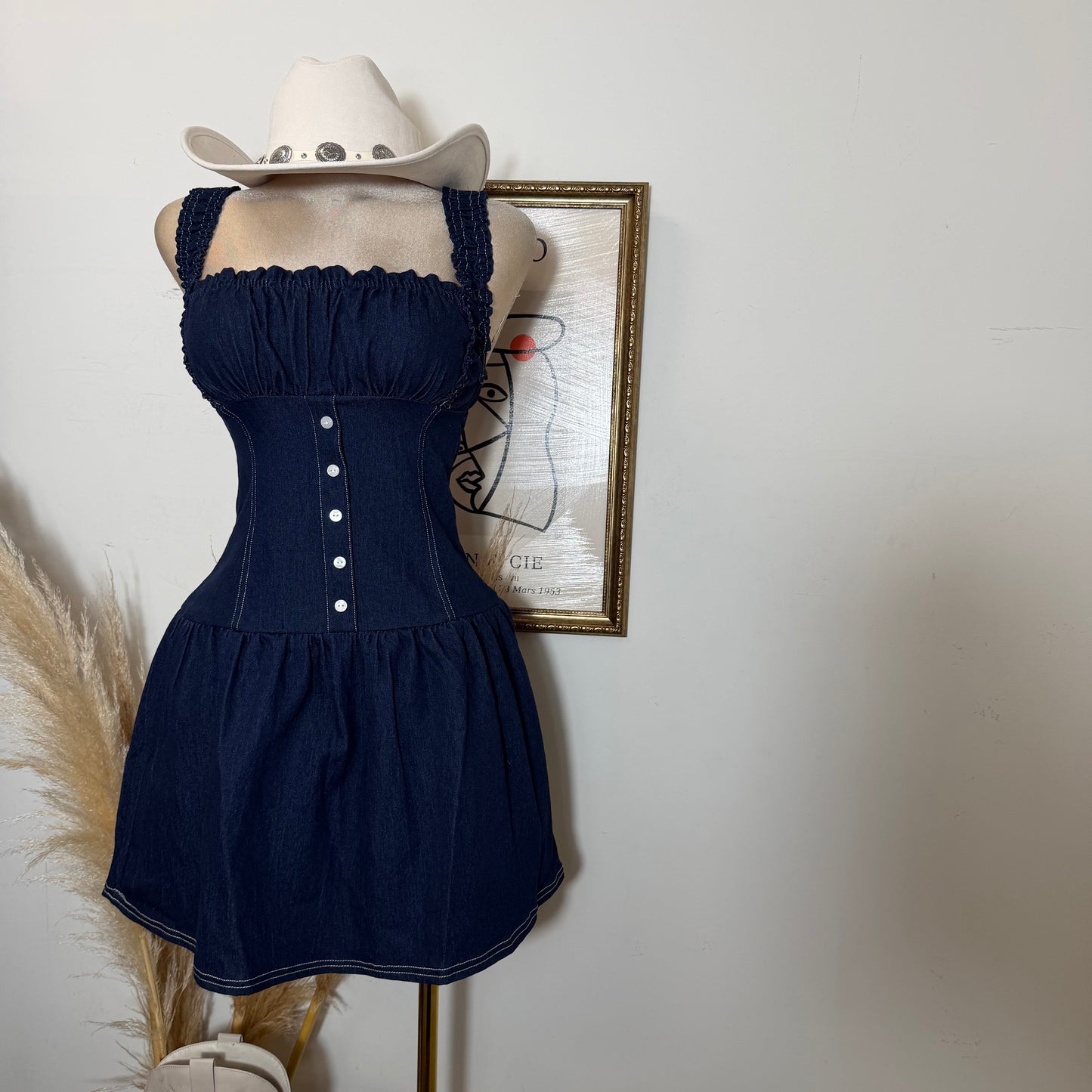Ruched Bodice Denim Mini Dress-Dk Denim