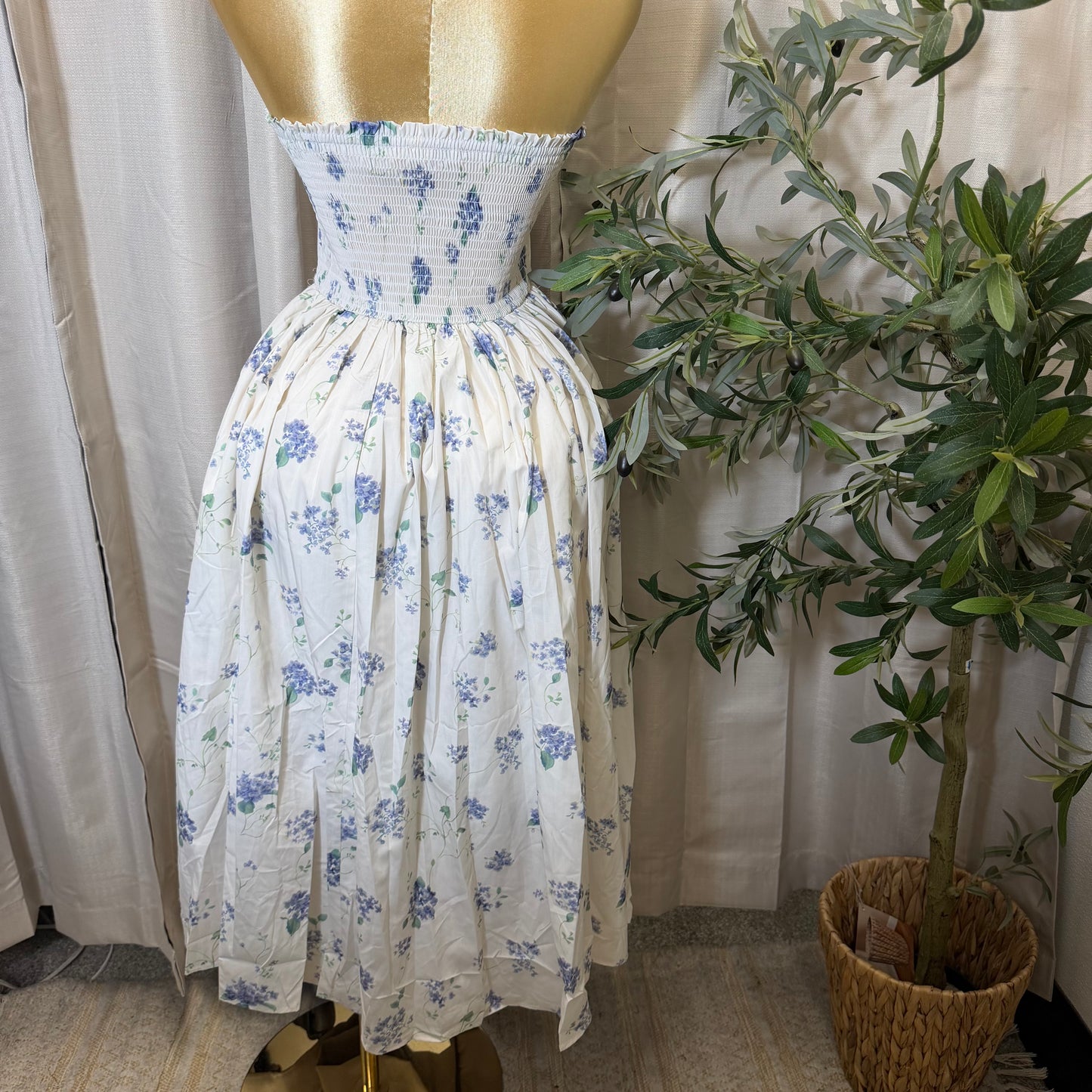 Strapless Floral Midi Dress-White/Blue