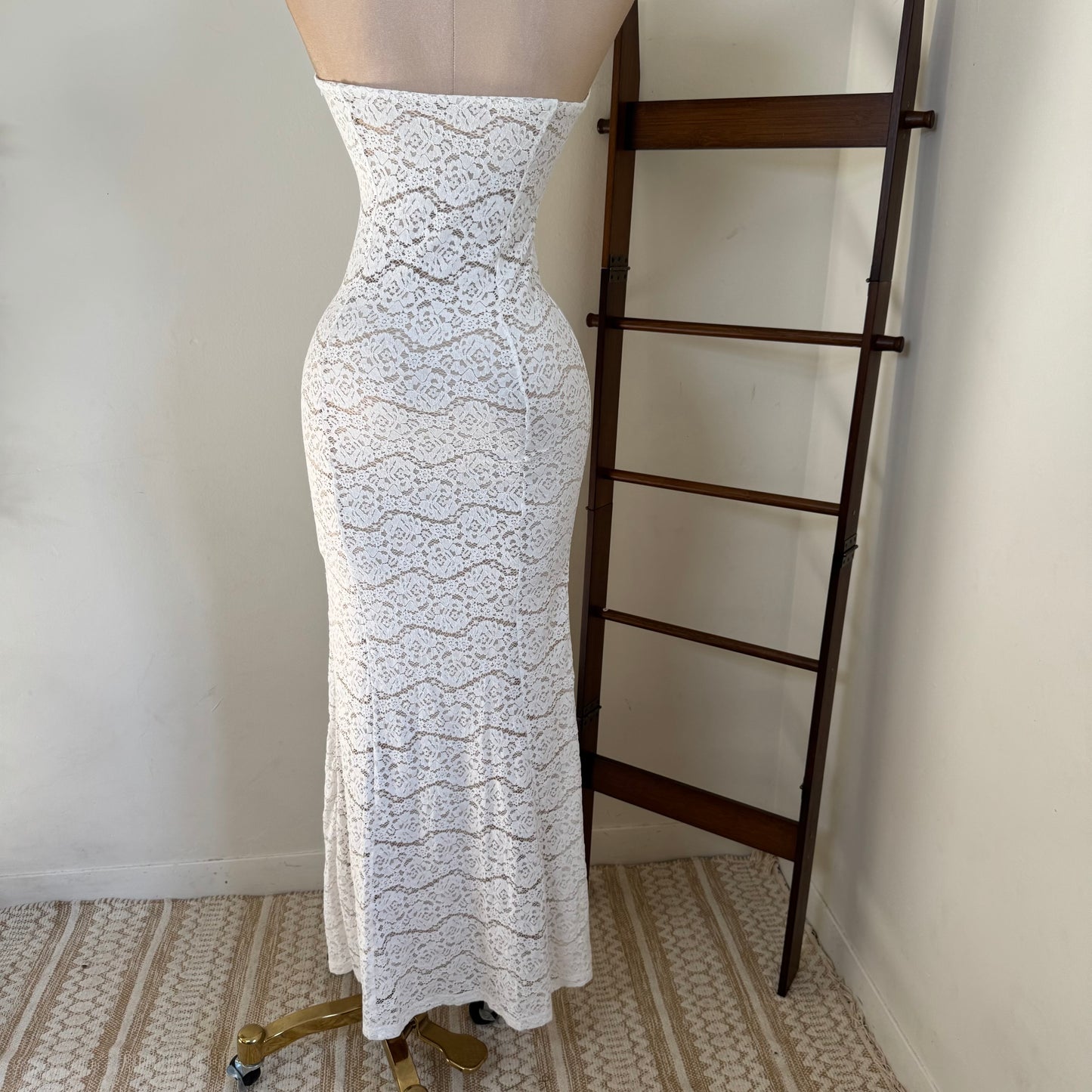 Lace Strapless Maxi Dress-White
