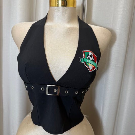 Mexico Stretched Halter Top With Belt-Black