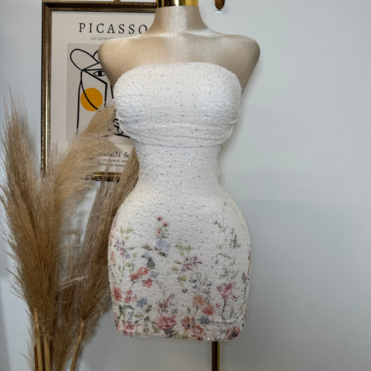 Mesh with Beads Floral Print Tube Dress