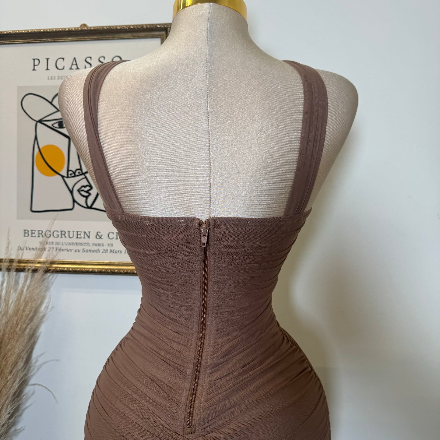 Inara Mesh Twist Halter Neck Midi Dress-Brown
