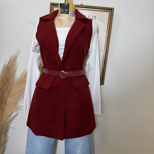 Brush leather Belted Blazer Coat Vest-burgundy