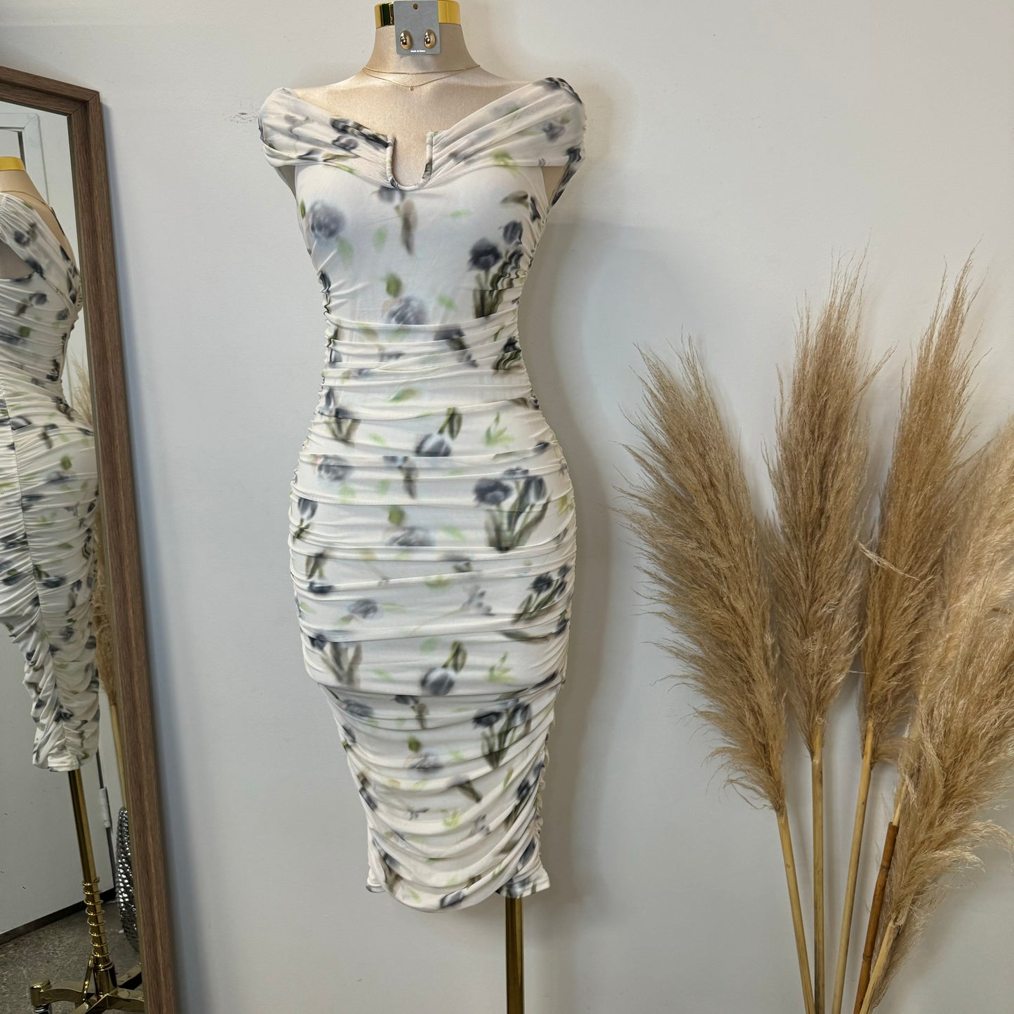 Spring Off shoulder Dress-Cream Multi