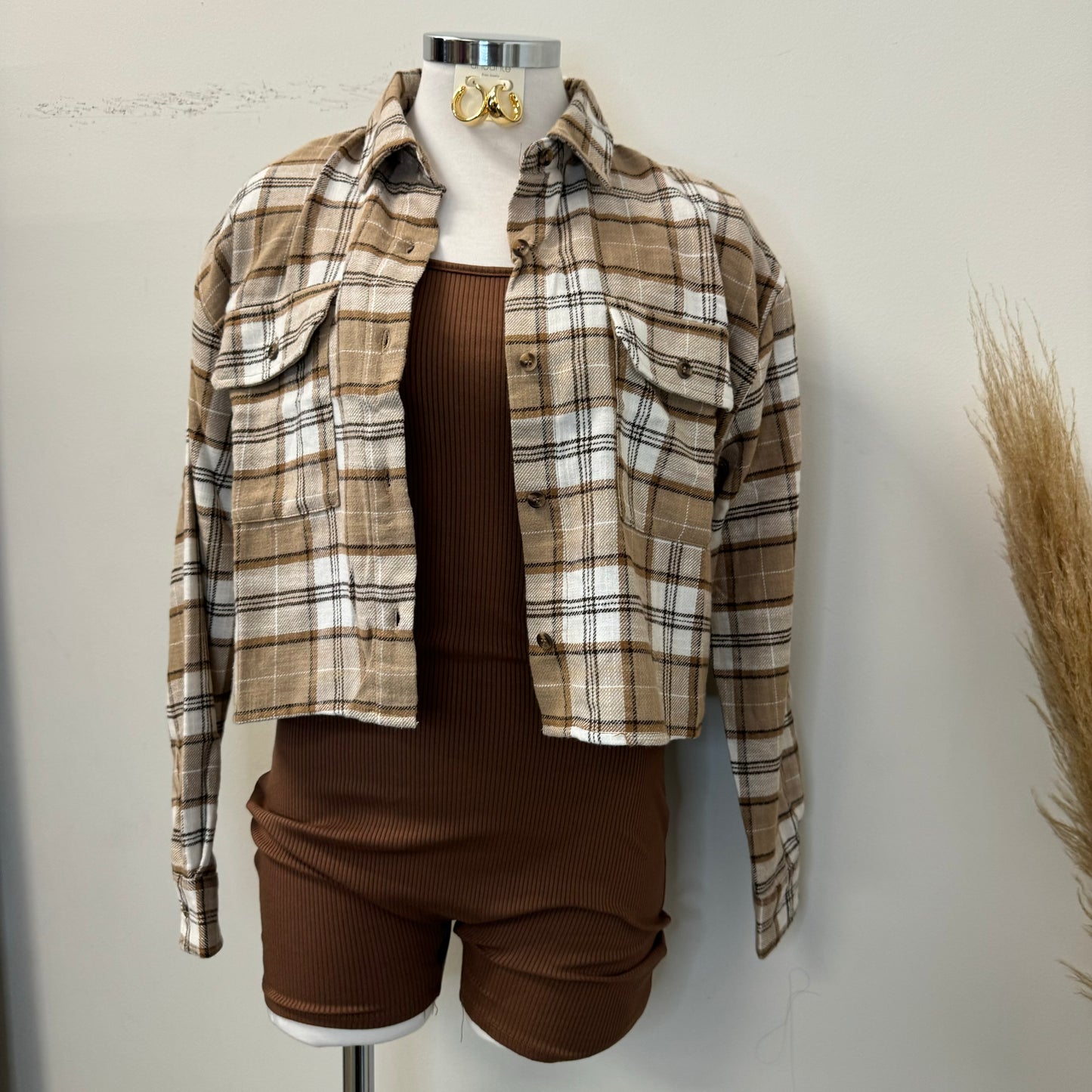 Bonita Crop Plaid Shirt -Brown