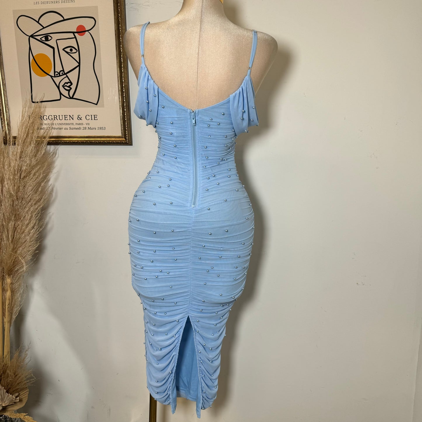 Aria Pearl Midi Dress- Baby Blue