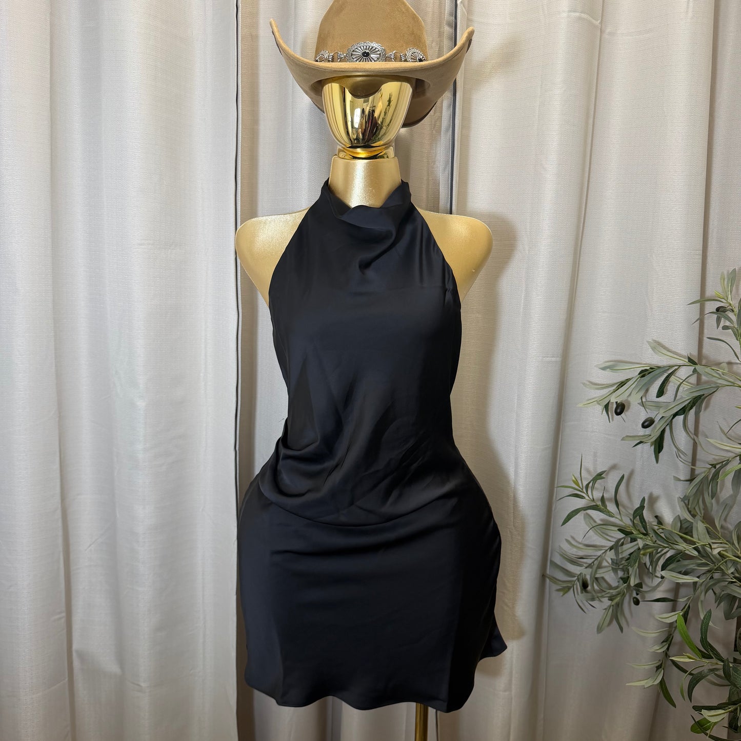 Satin Cowl Halter Neck Dress-Black