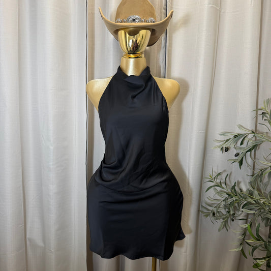 Satin Cowl Halter Neck Dress-Black