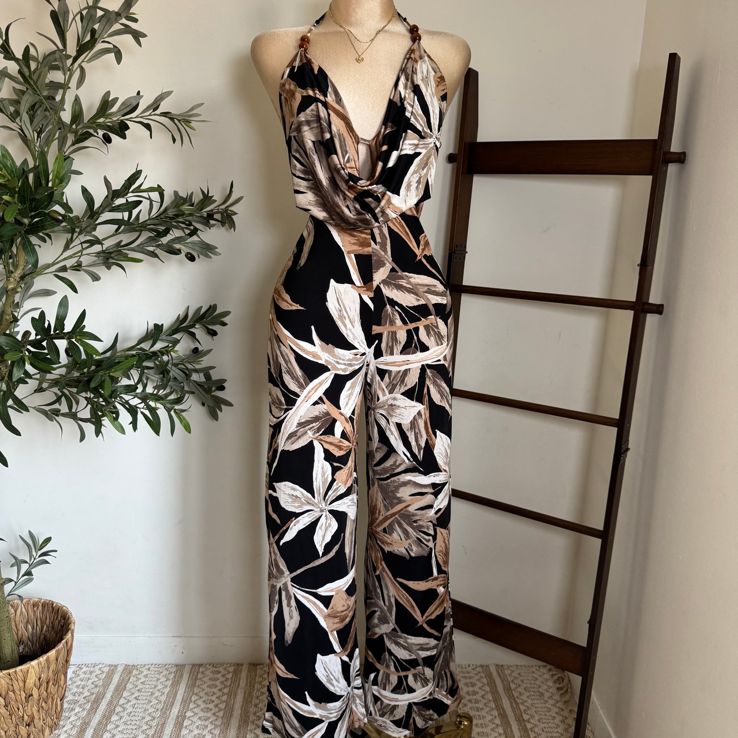 Bead Cowl Neck Halter Jumpsuit-Leaf Print