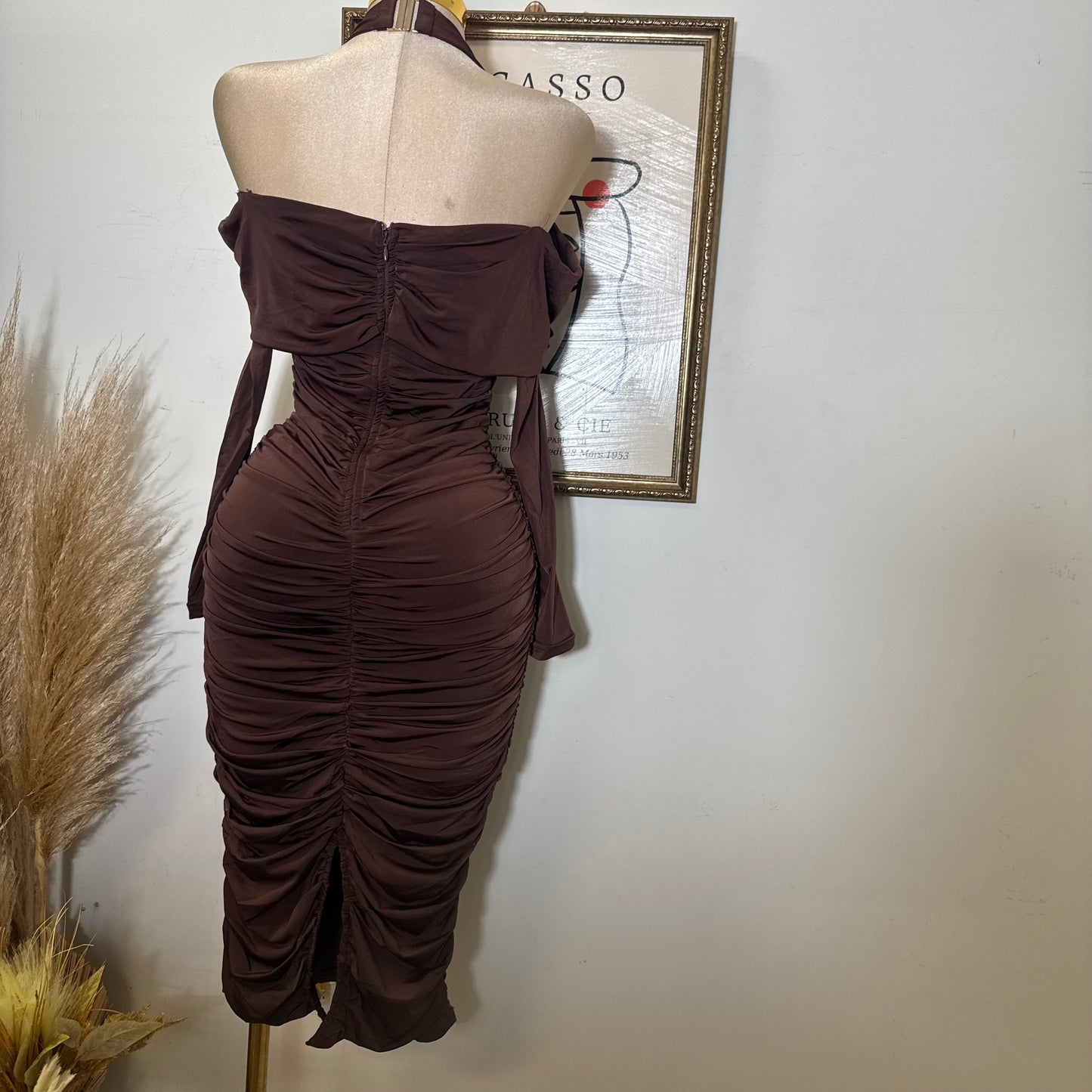 Off shoulder Long Sleeve Halter Midi Dress-Brown