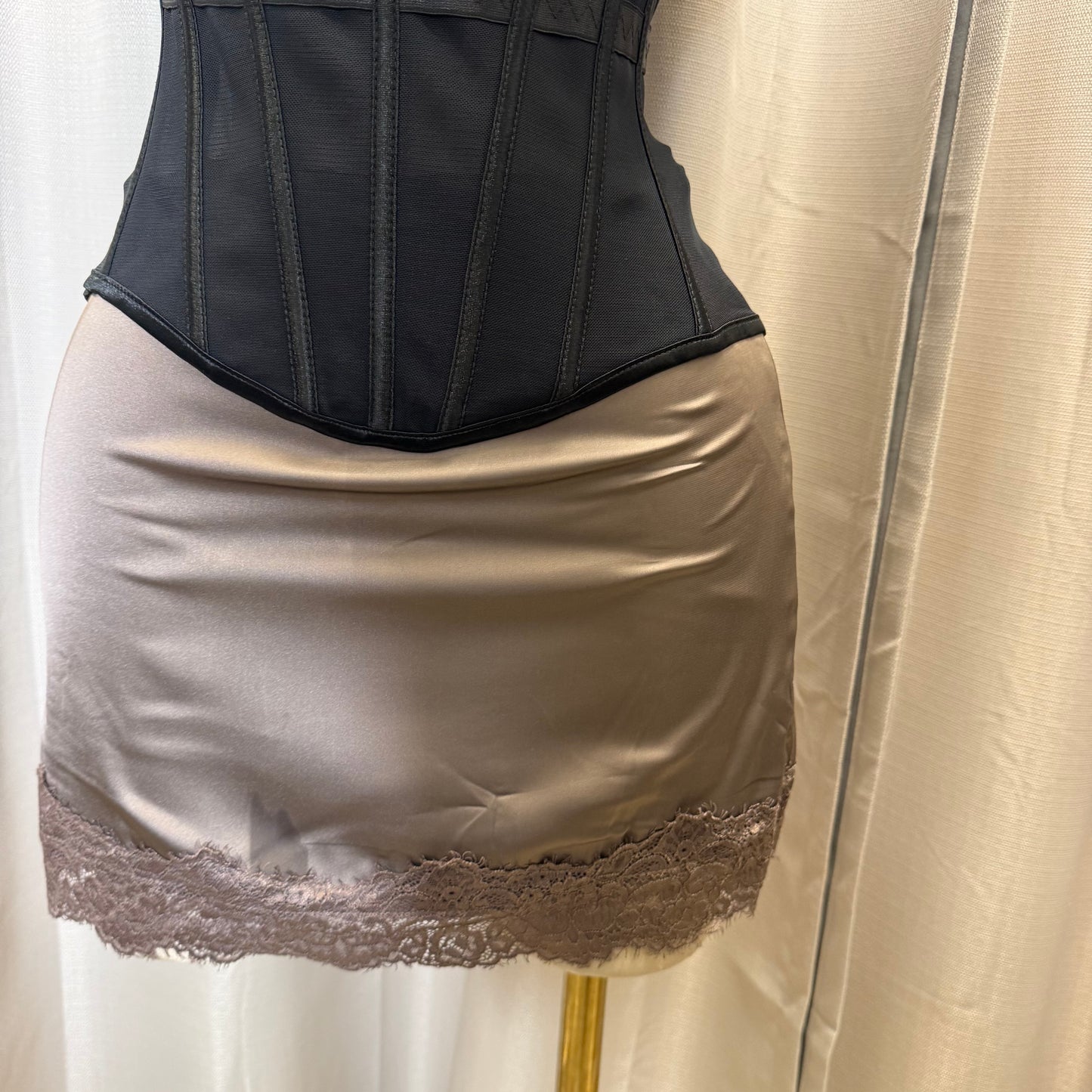 Satin Mini skirt with Lace Detail -brown