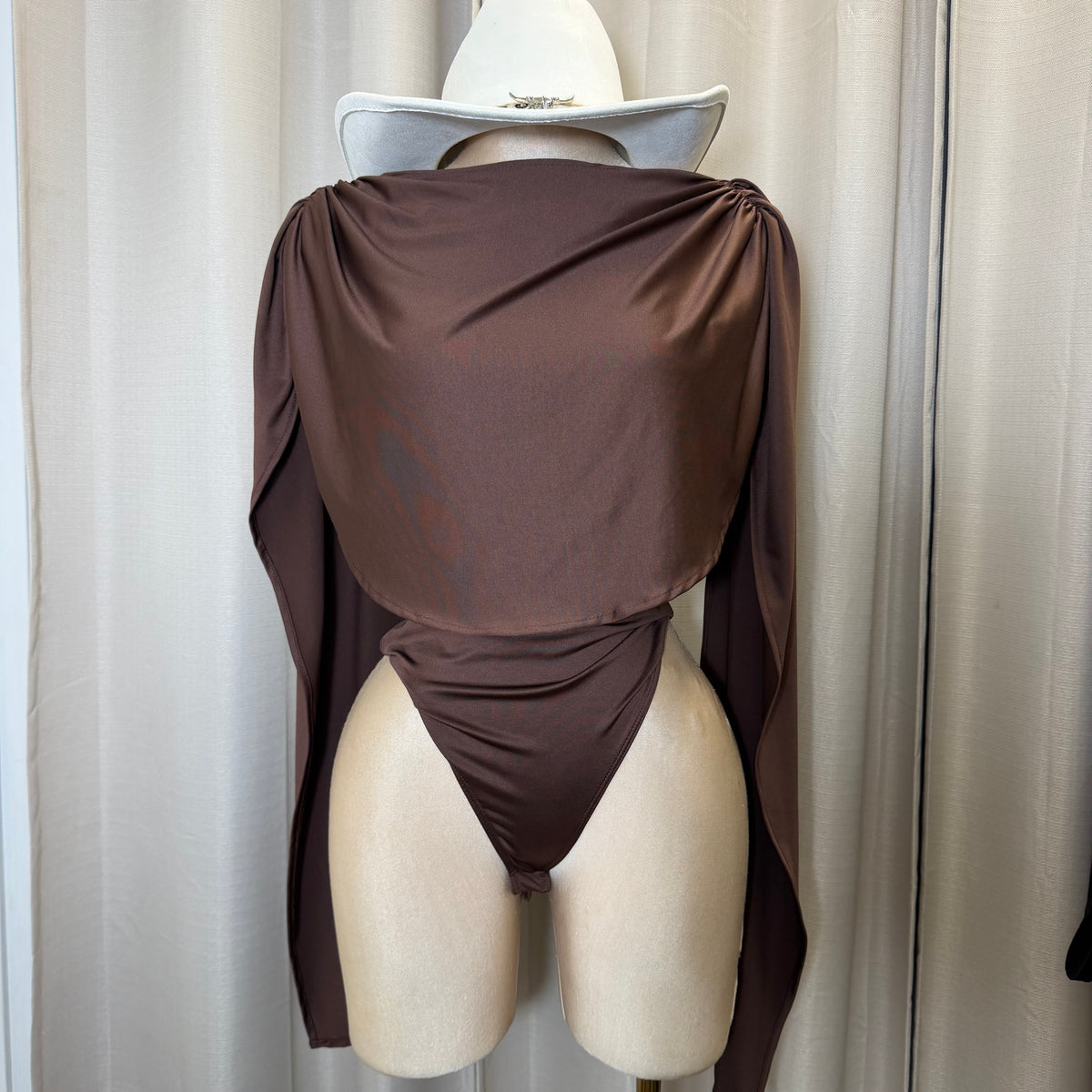 Draped Bodysuit Long sleeve-Brown