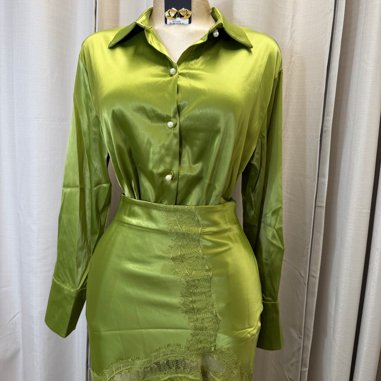 Satin Long Sleeve Top with Lace Skirt-Sage Green/Olive