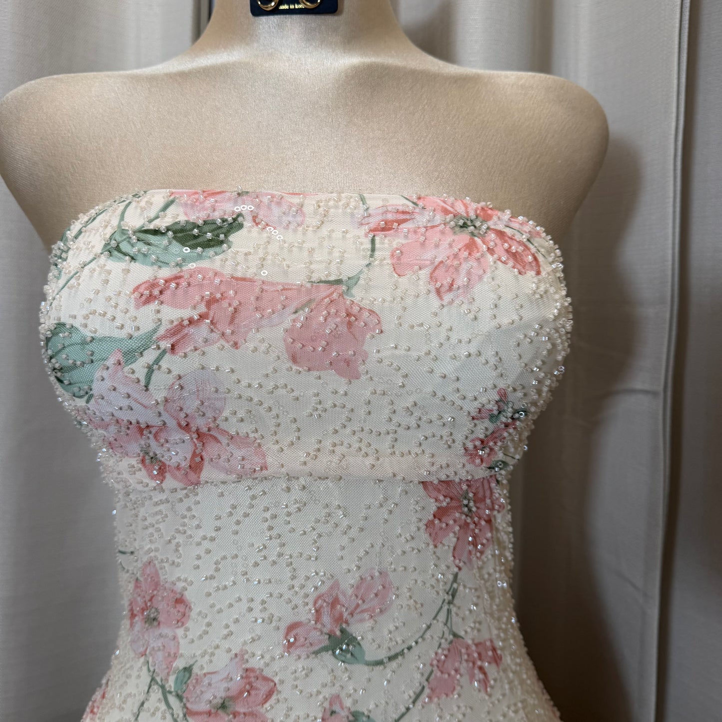 Mesh Floral Strapless with Beads Dress-Cream