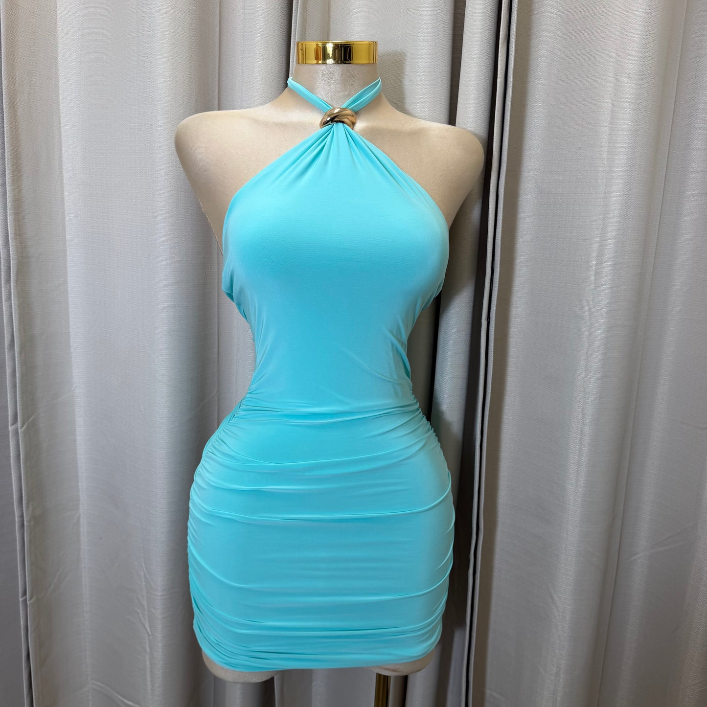 Sleeveless Halter Ruched detail with Gold -Aqua