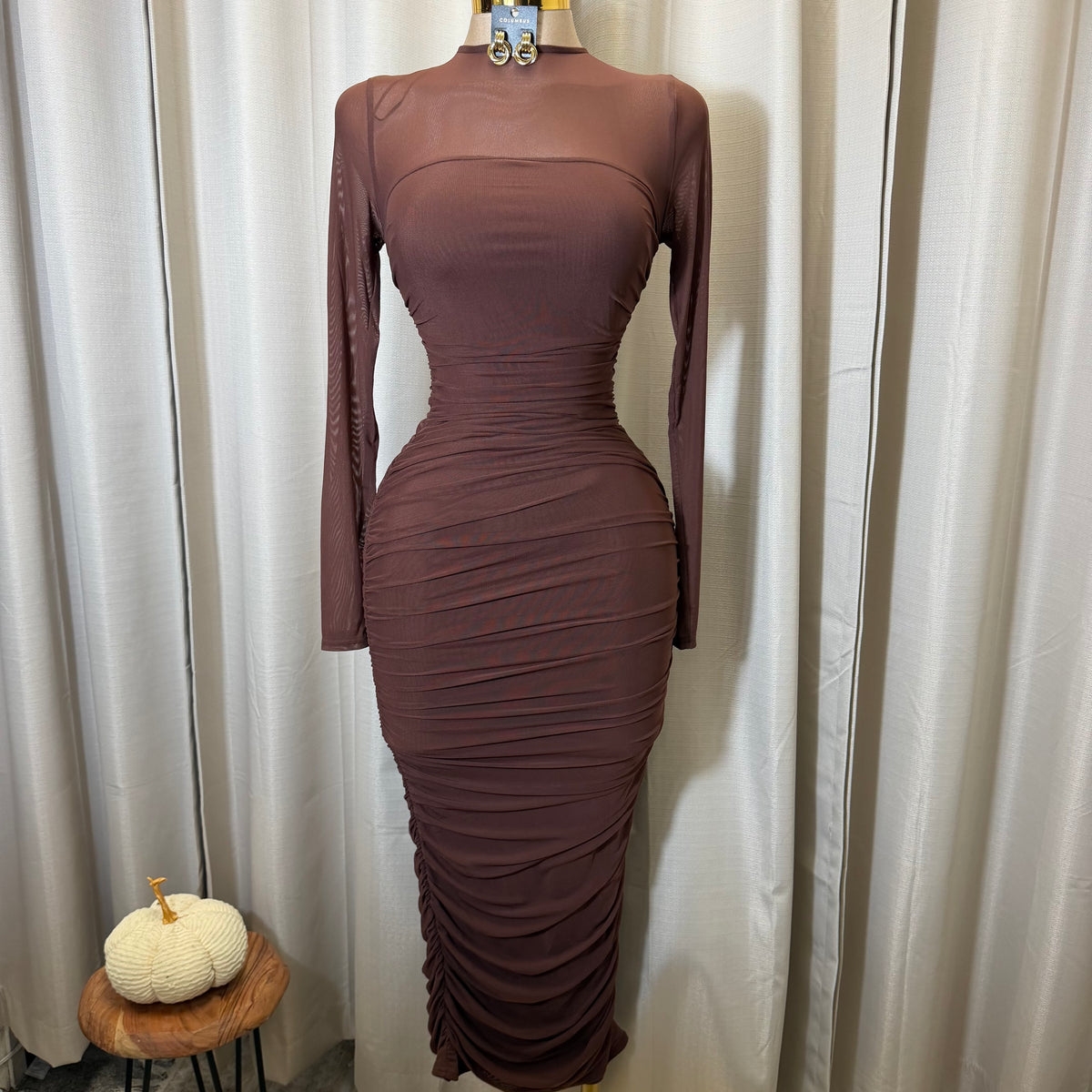 Round Neck Long Sleeve Ruching Midi Dress-Chocolate