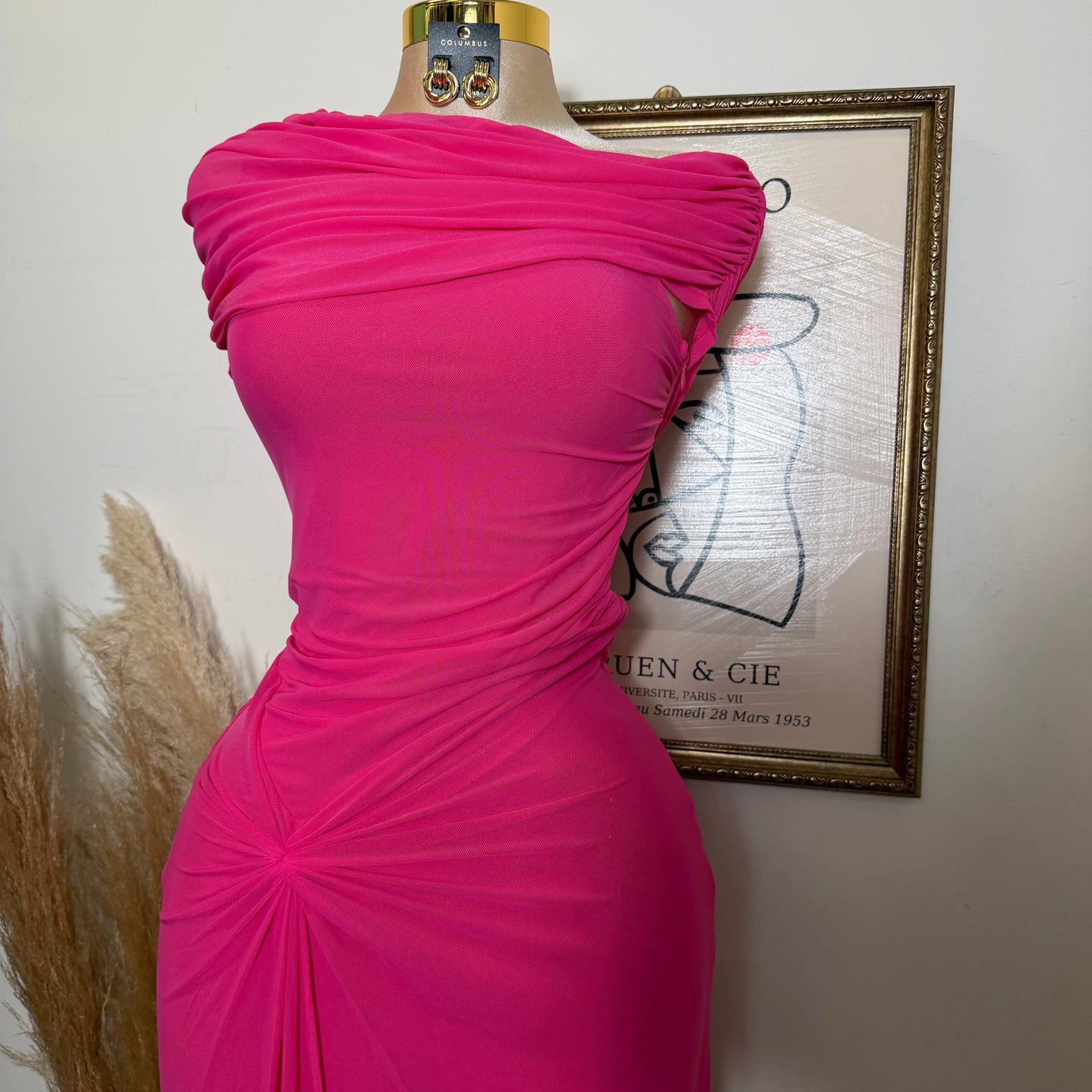 Maxi Mesh Dress Detail in the front -Hot Pink