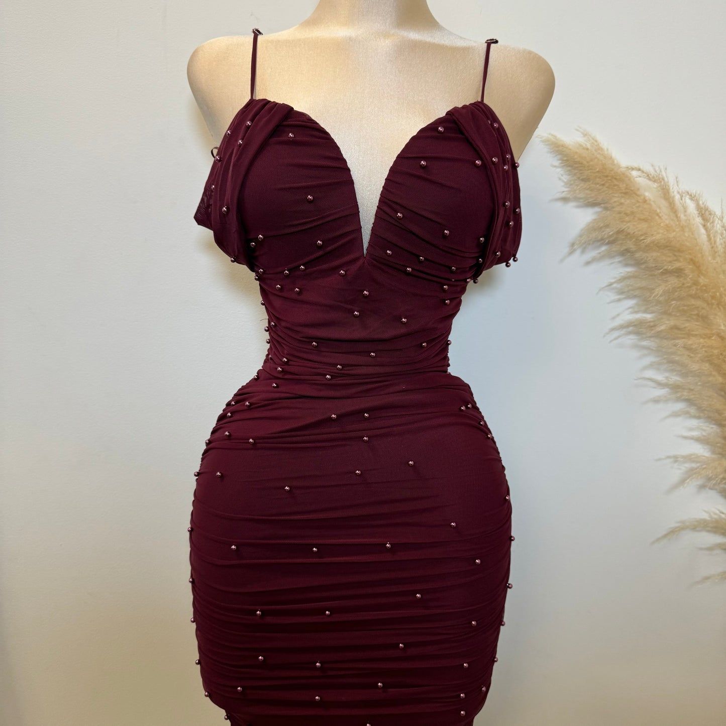 Aria Pearl Midi Dress- Burgundy