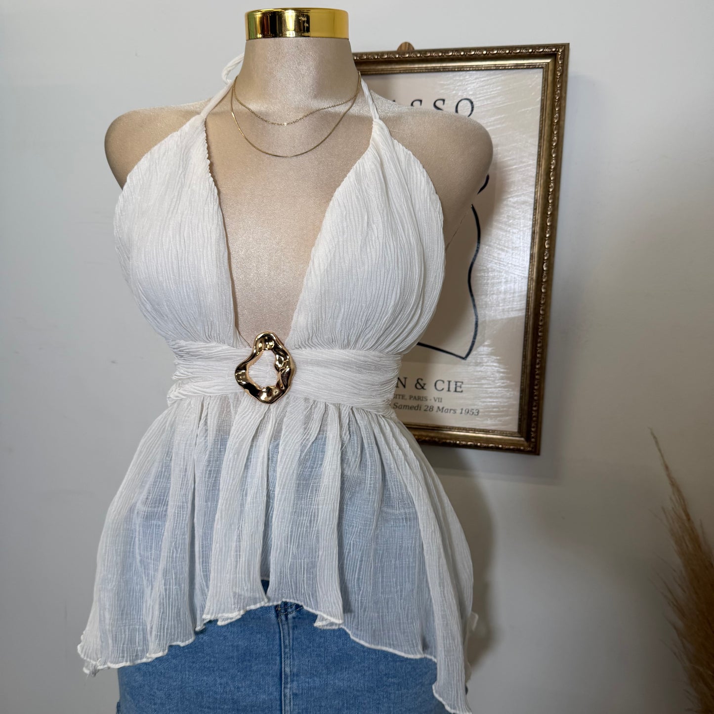 Textured Open back Top With Trim-Ivory