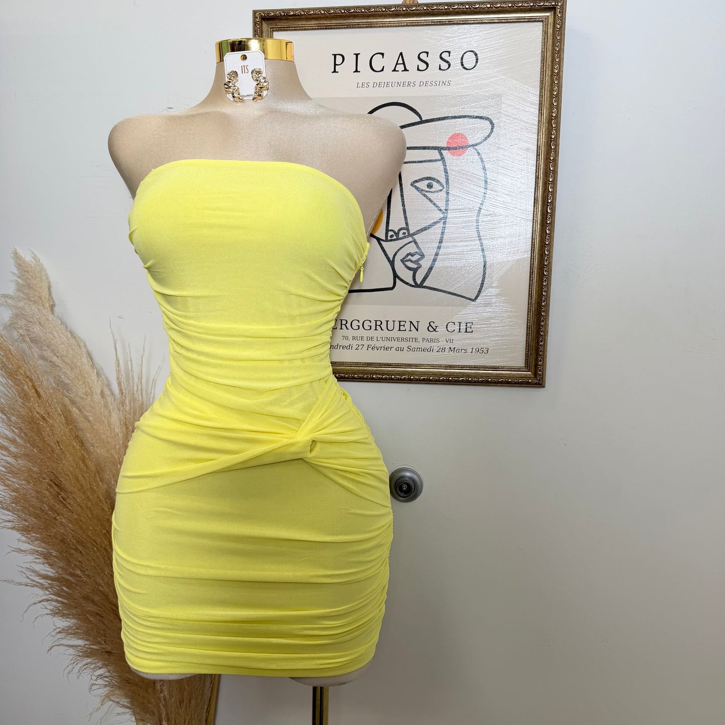 Strapless Ruched Mini Dress-Yellow