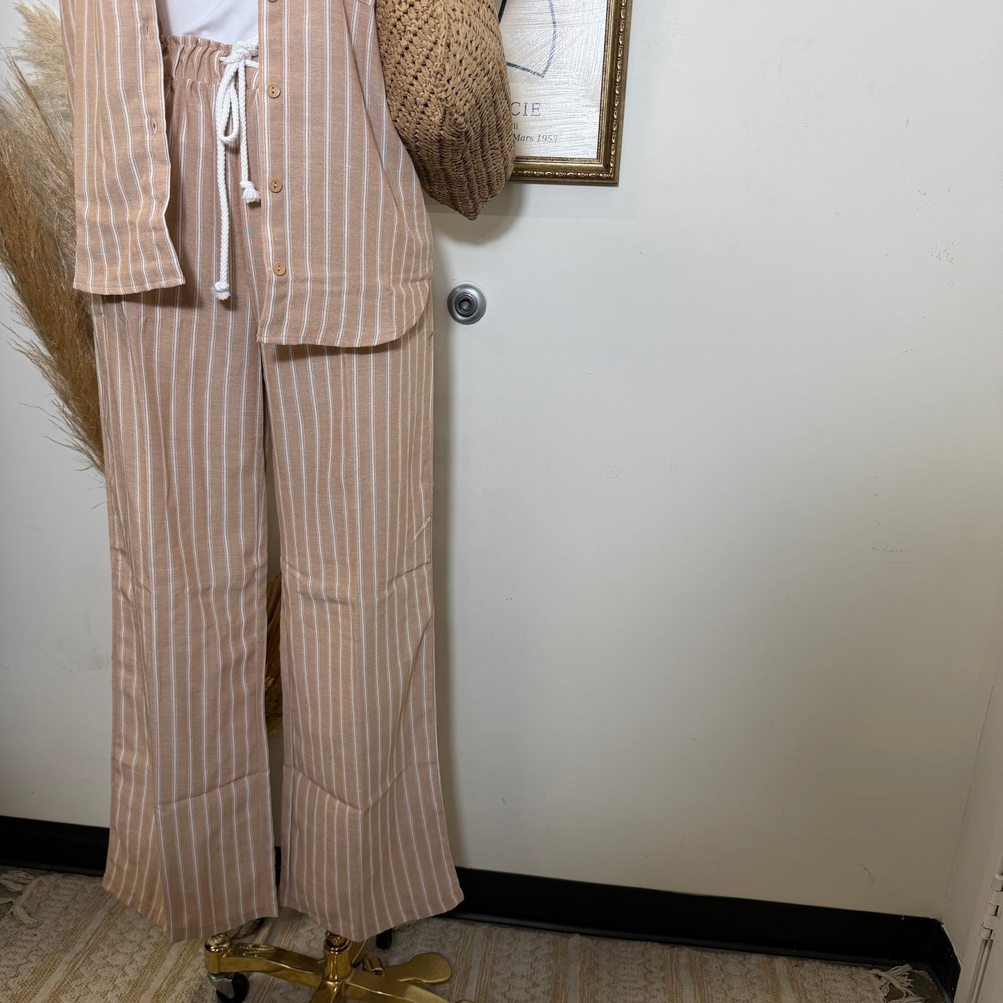 Linen Stripe Button Down Shirts Top and Pant set- Taupe