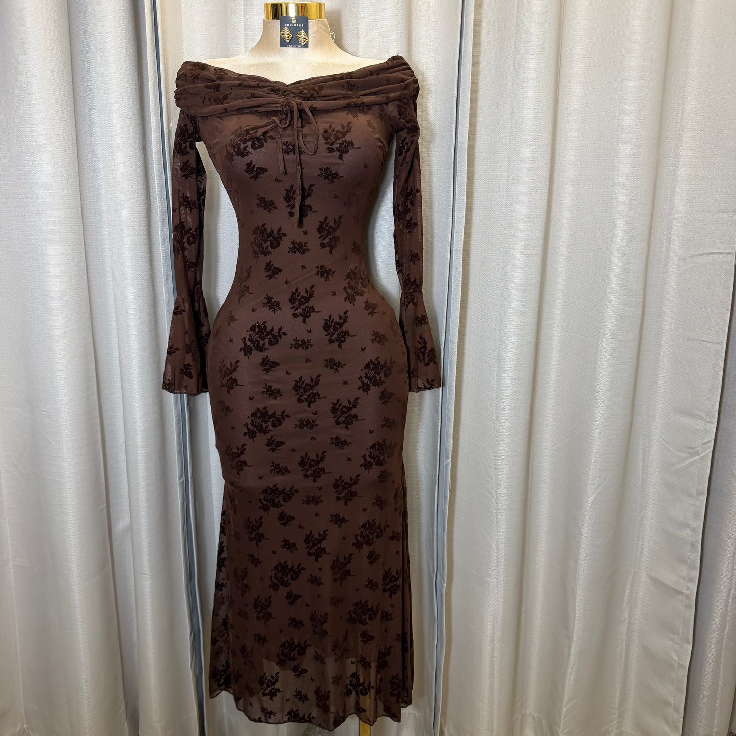 Flocked Long Sleeve Mesh off shoulder maxi Dress-Brown