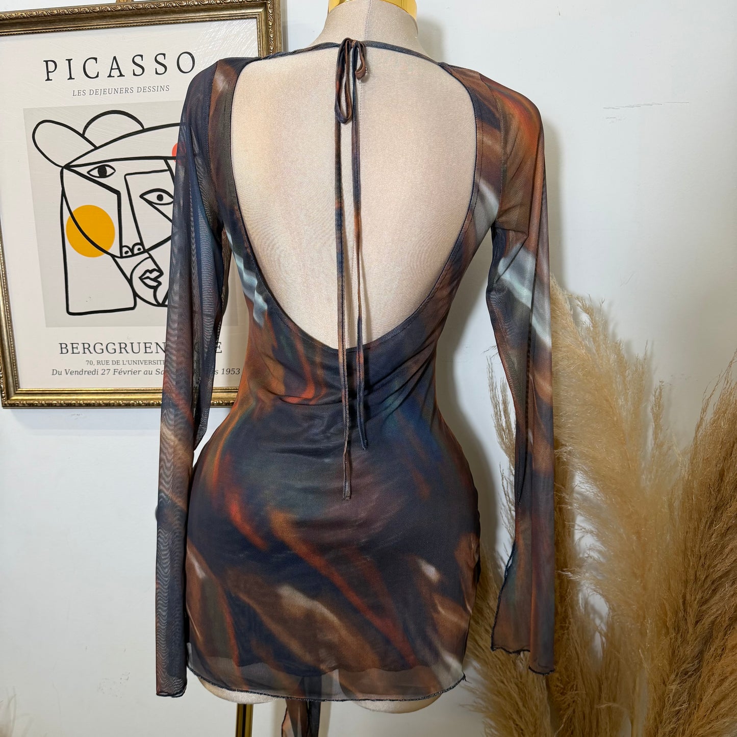 Wrap Long Sleeve Mesh Dress -Rust